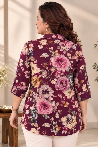 Wine Rose Foiled Crepe Shirt