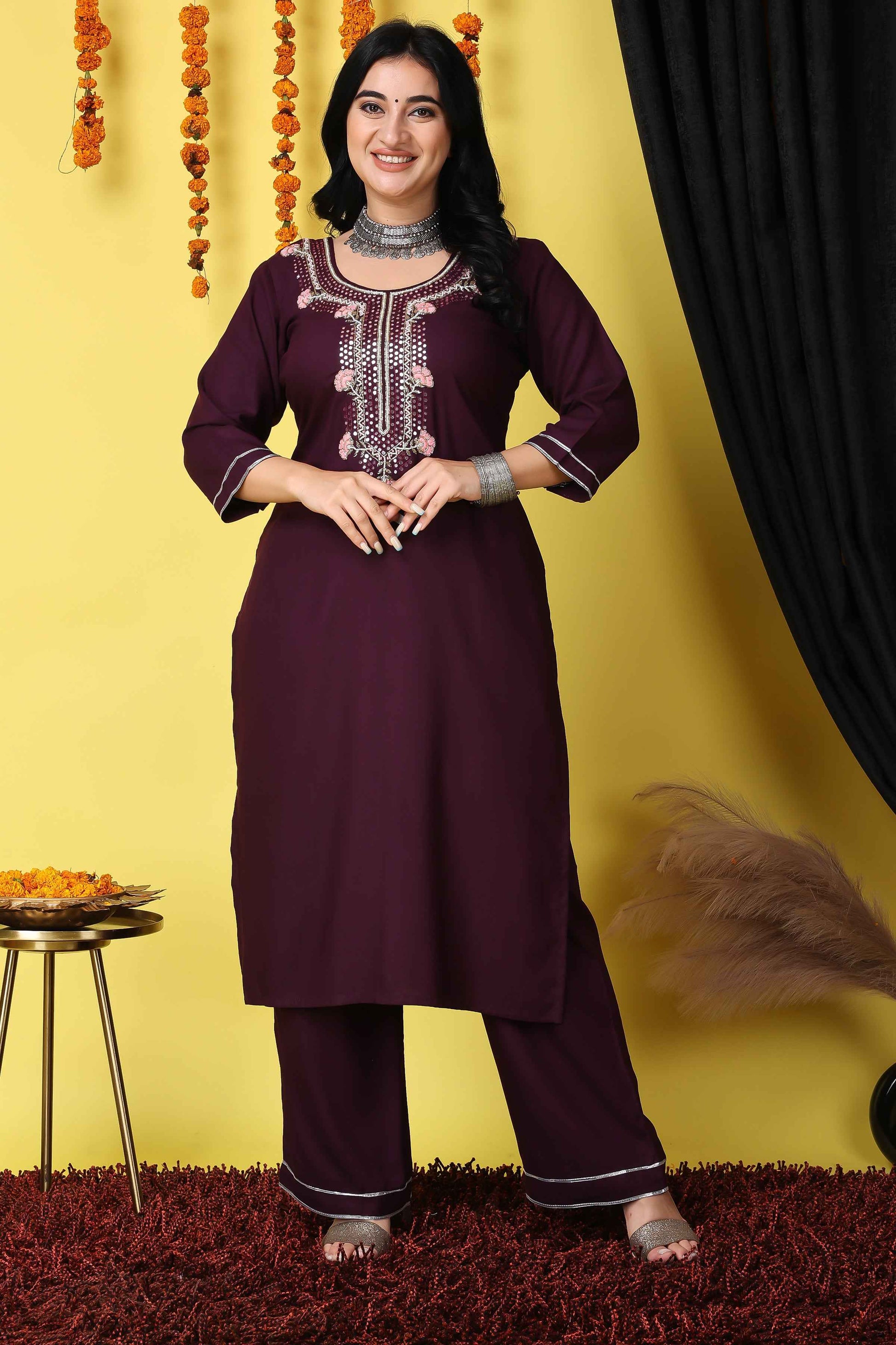 Buy Plus Size ​Wine Elegance Handwork Suit Set At Apella | Sizes XS to 10 XL | India | Free Delivery | Customized