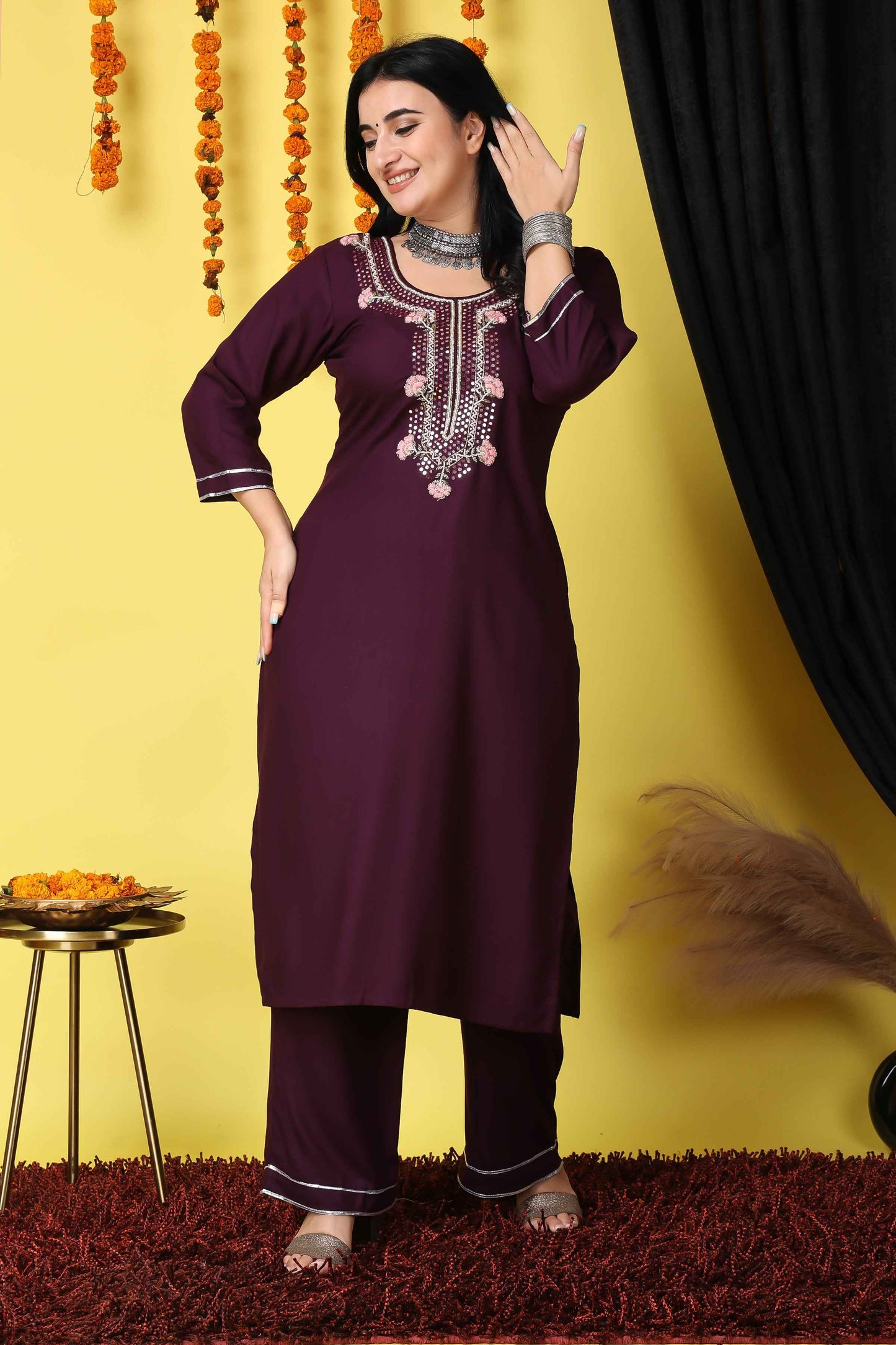 Buy Plus Size ​Wine Elegance Handwork Suit Set At Apella | Sizes XS to 10 XL | India | Free Delivery | Customized