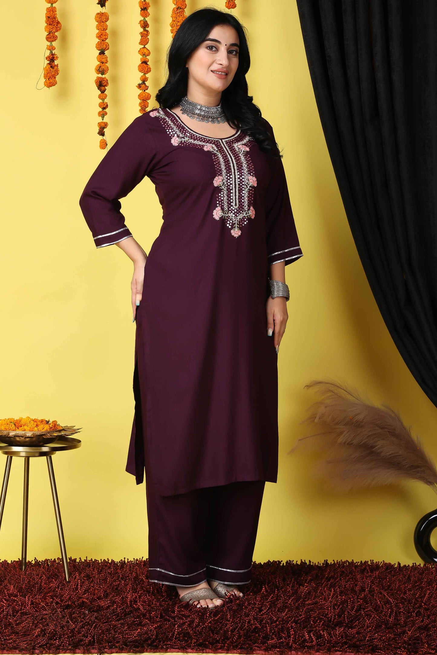 Buy Plus Size ​Wine Elegance Handwork Suit Set At Apella | Sizes XS to 10 XL | India | Free Delivery | Customized