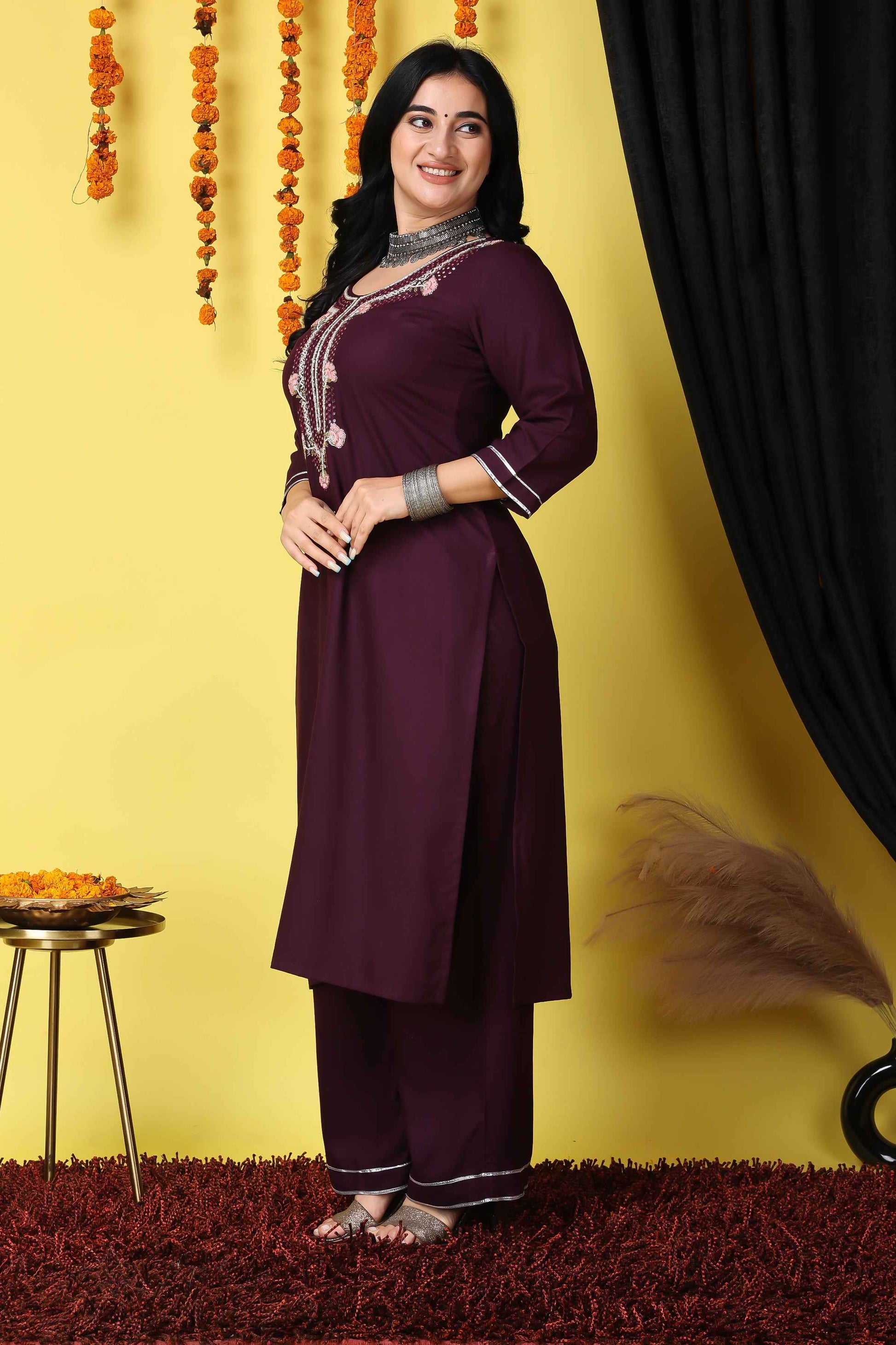 Buy Plus Size ​Wine Elegance Handwork Suit Set At Apella | Sizes XS to 10 XL | India | Free Delivery | Customized