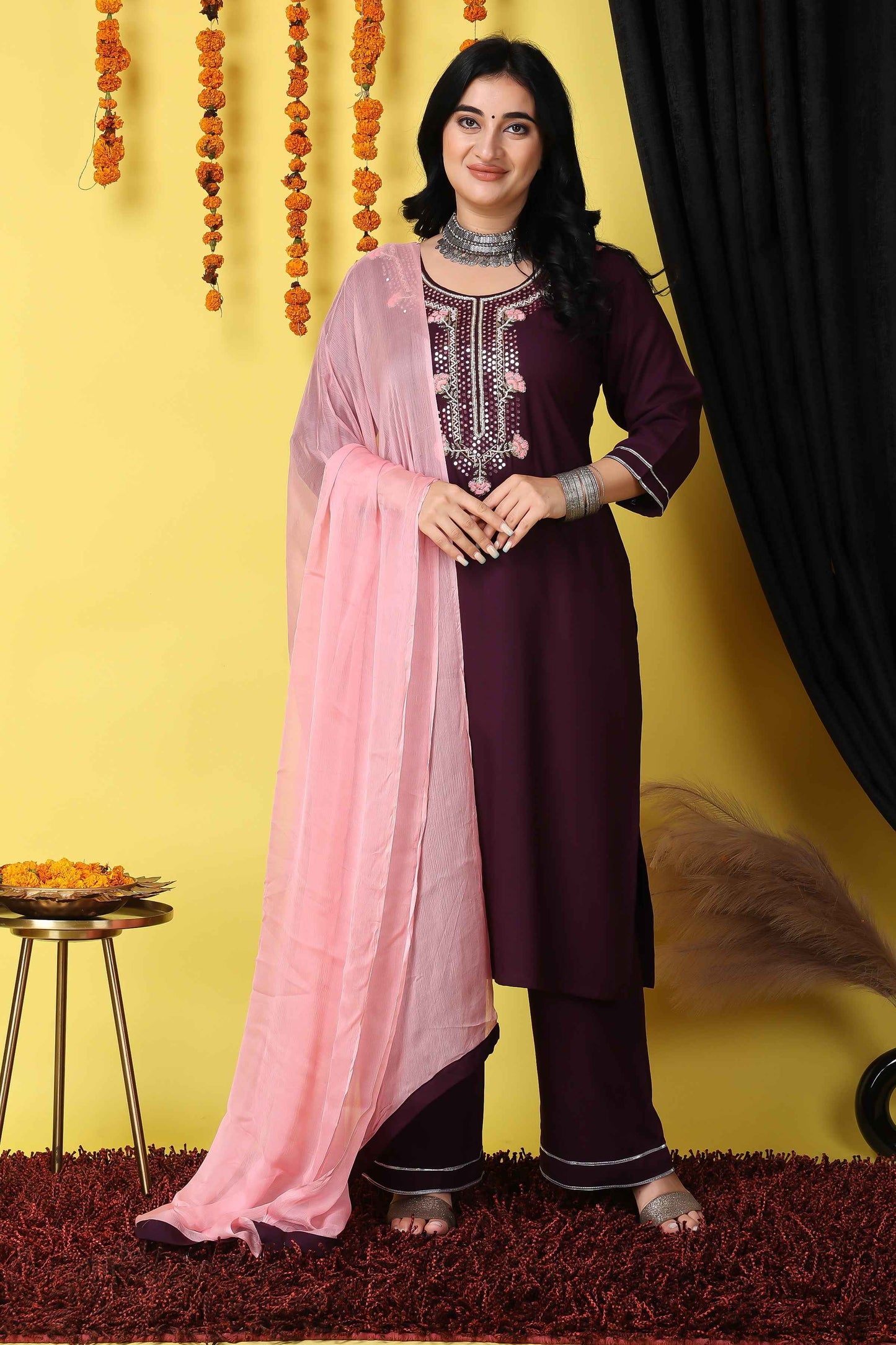 Buy Plus Size ​Wine Elegance Handwork Suit Set At Apella | Sizes XS to 10 XL | India | Free Delivery | Customized