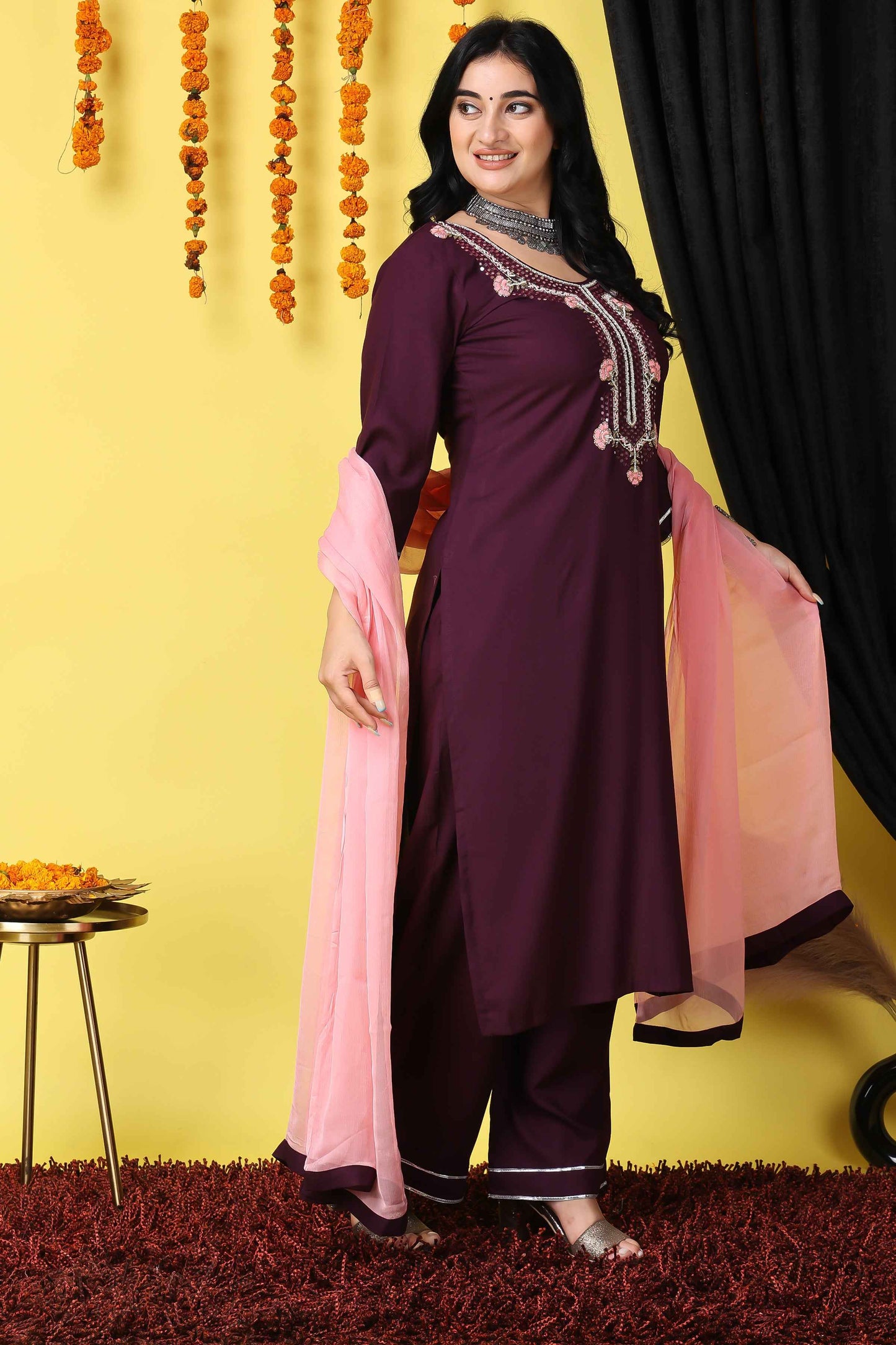 Buy Plus Size ​Wine Elegance Handwork Suit Set At Apella | Sizes XS to 10 XL | India | Free Delivery | Customized