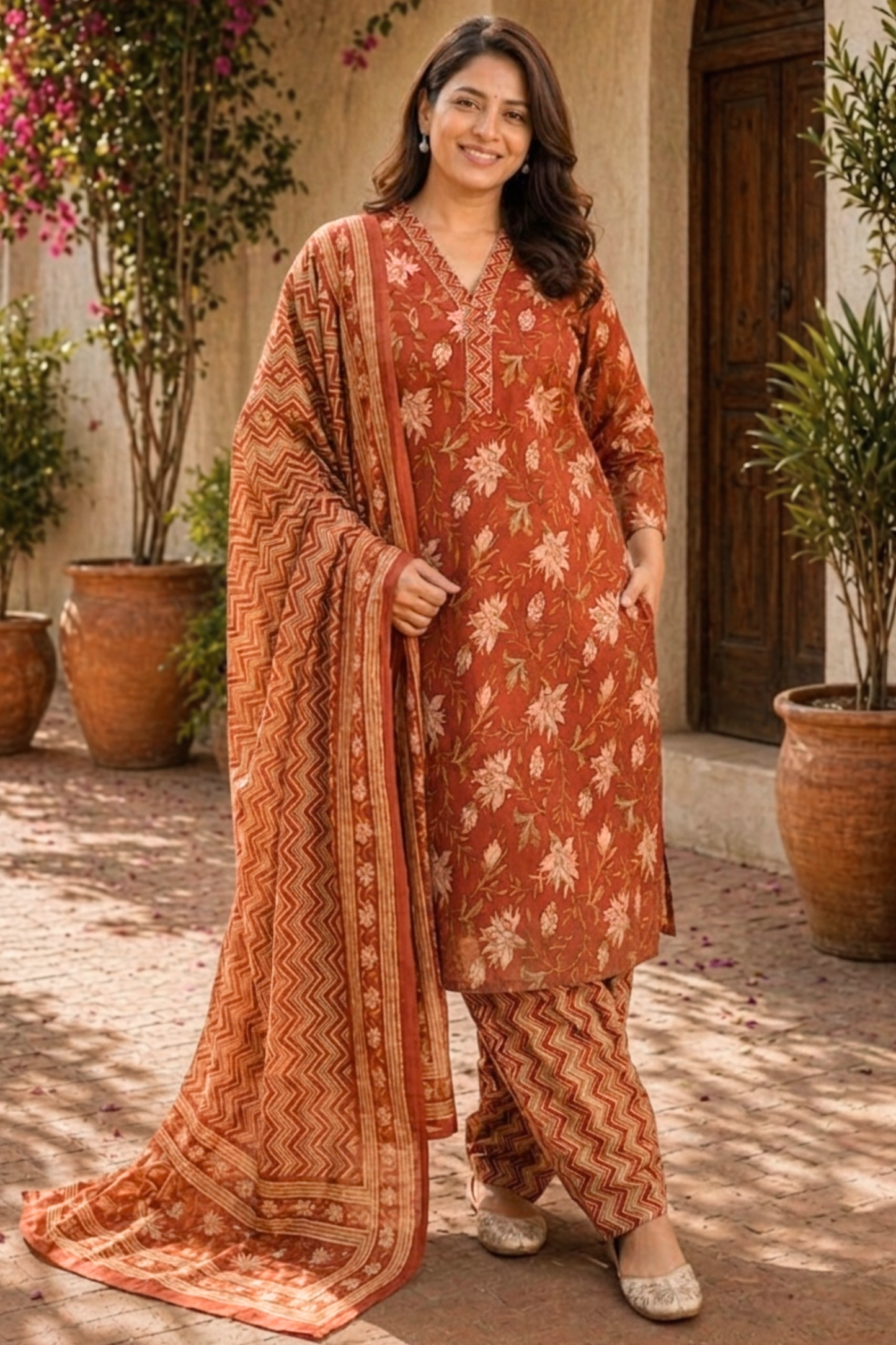 Terracotta Rust Block Printed Suit