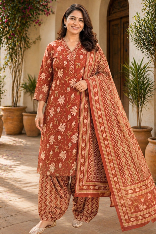 Terracotta Rust Block Printed Suit