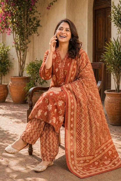 Terracotta Rust Block Printed Suit