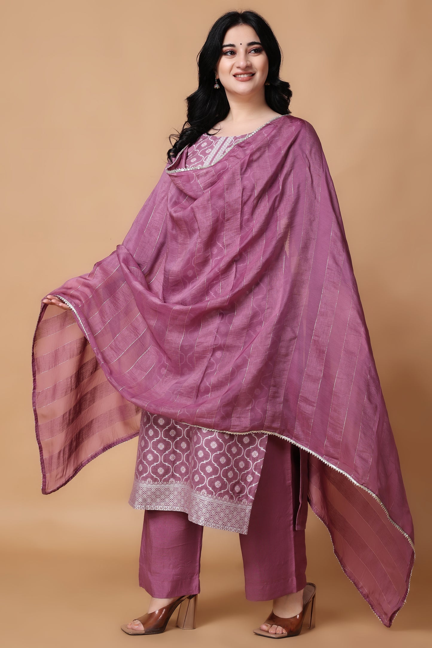 Woman Plus Size Mauve Taupe Jacquard Linen Suit