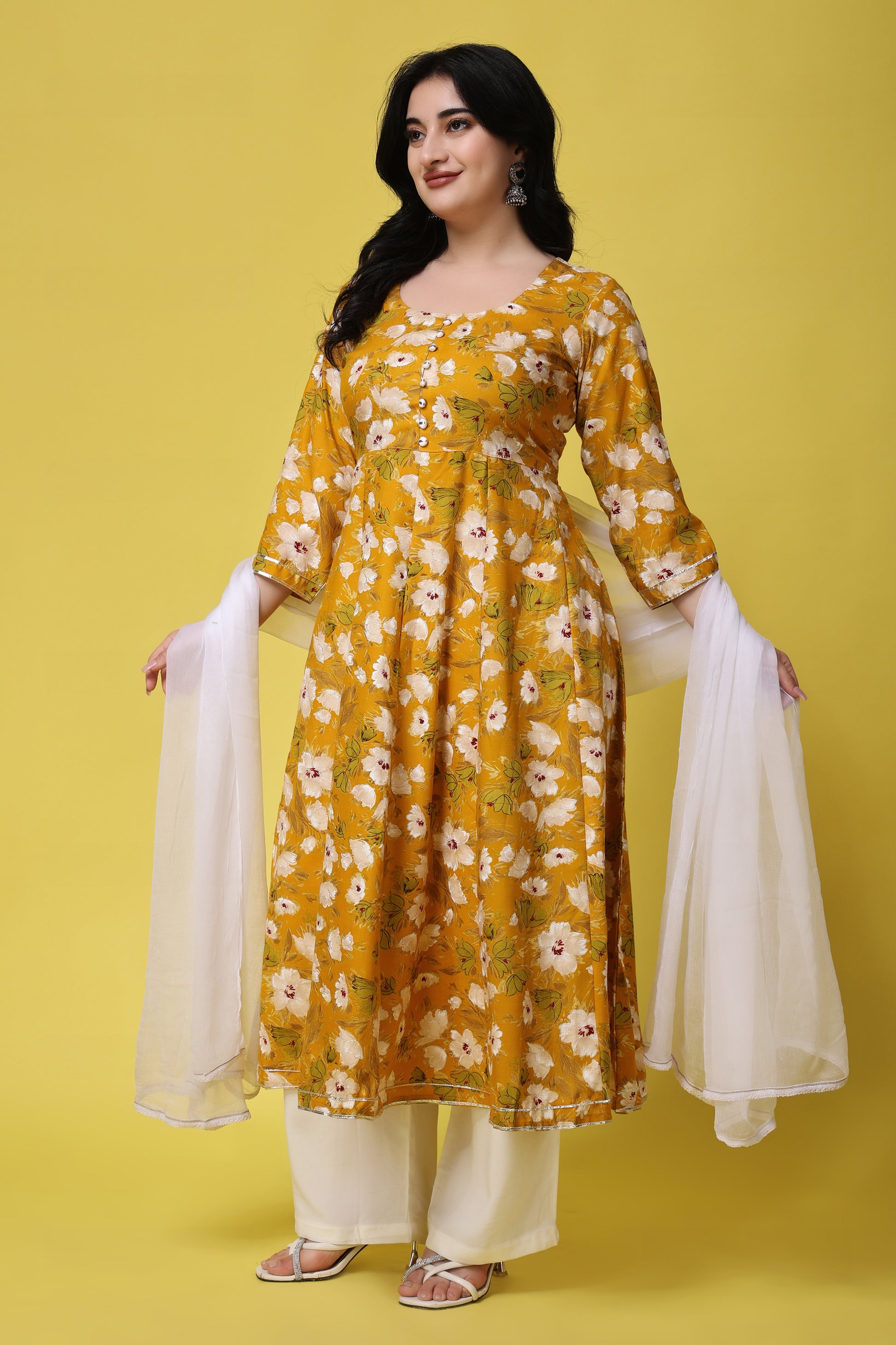Woman Plus Size Mustard Foiled Rayon Anarkali Set