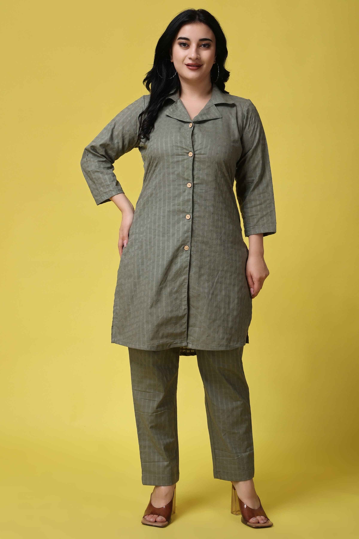 Buy Plus Size ​Olive Embroidered Co-ord Set At Apella | Sizes XS to 10 XL | India | Free Delivery | Customized