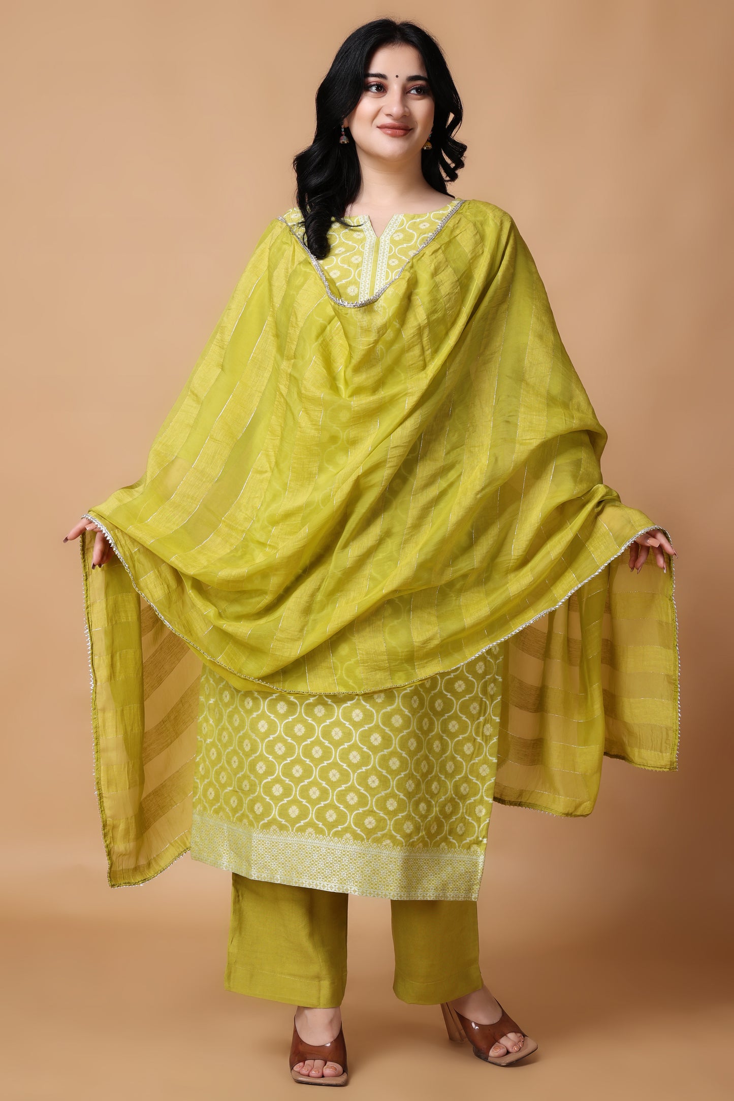 Woman Plus Size Olive Henna Jacquard Linen Suit
