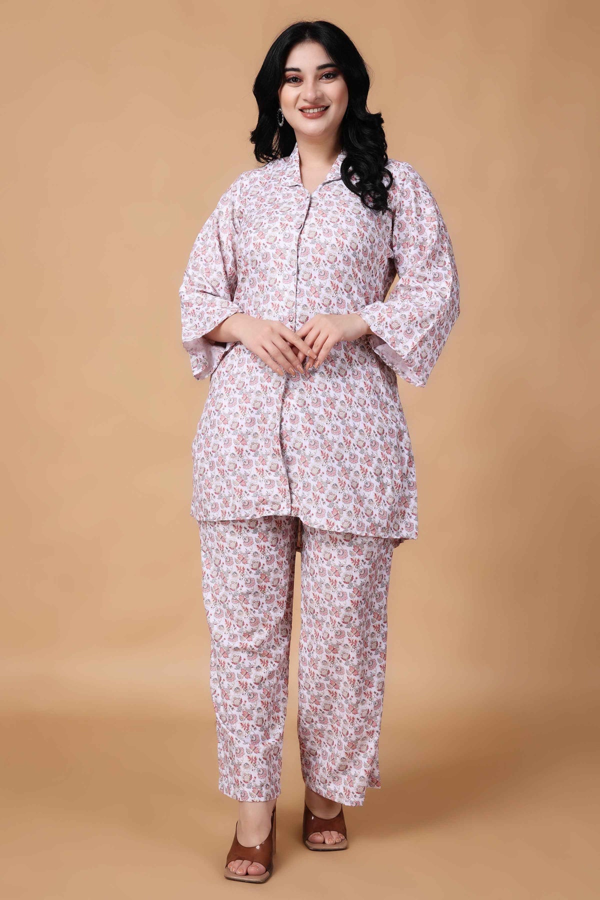 Buy Plus Size ​Peachy White Modal Co-ord Set At Apella | Sizes XS to 10 XL | India | Free Delivery | Customized