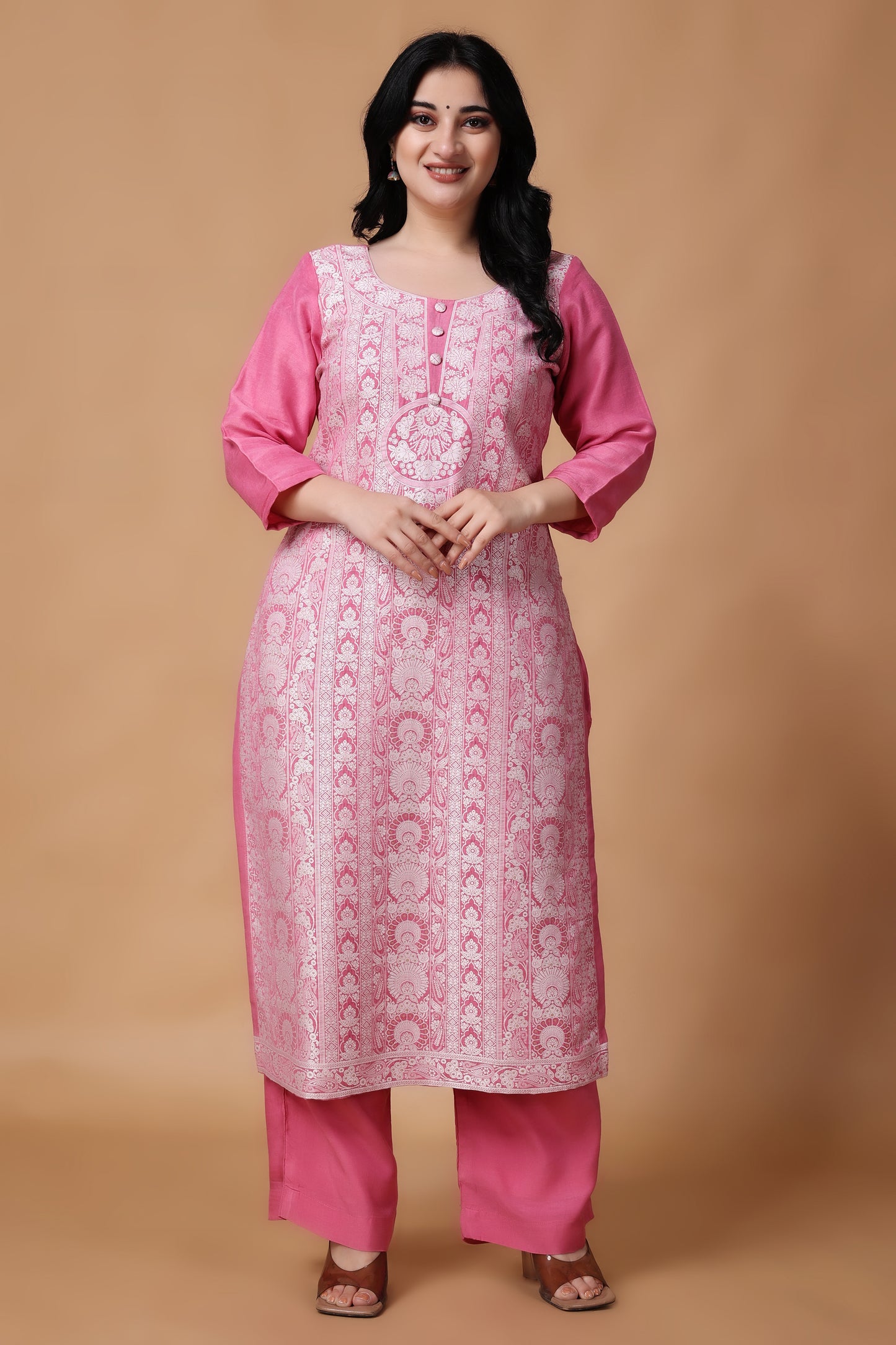 Woman Plus Size Pink Tickle Jacquard Linen Suit