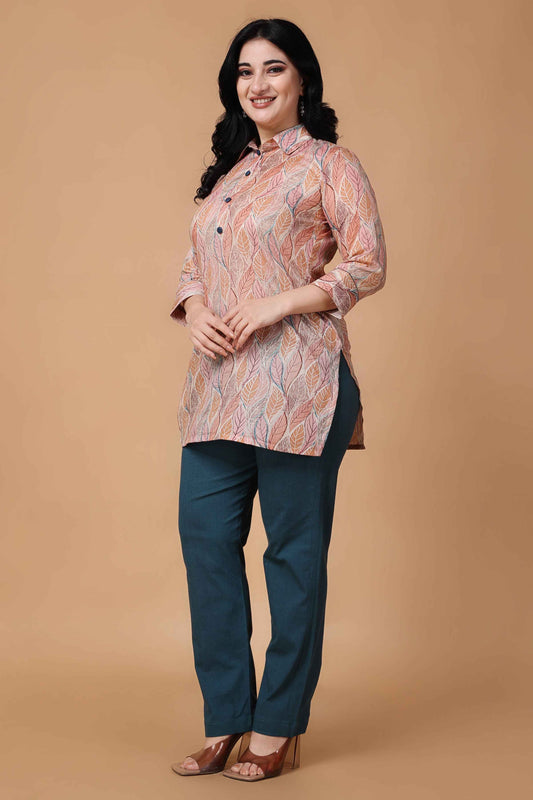 Buy Plus Size ​Prismic Peach Foiled Mulmul Kurta At Apella | Sizes XS to 10 XL | India | Free Delivery | Customized