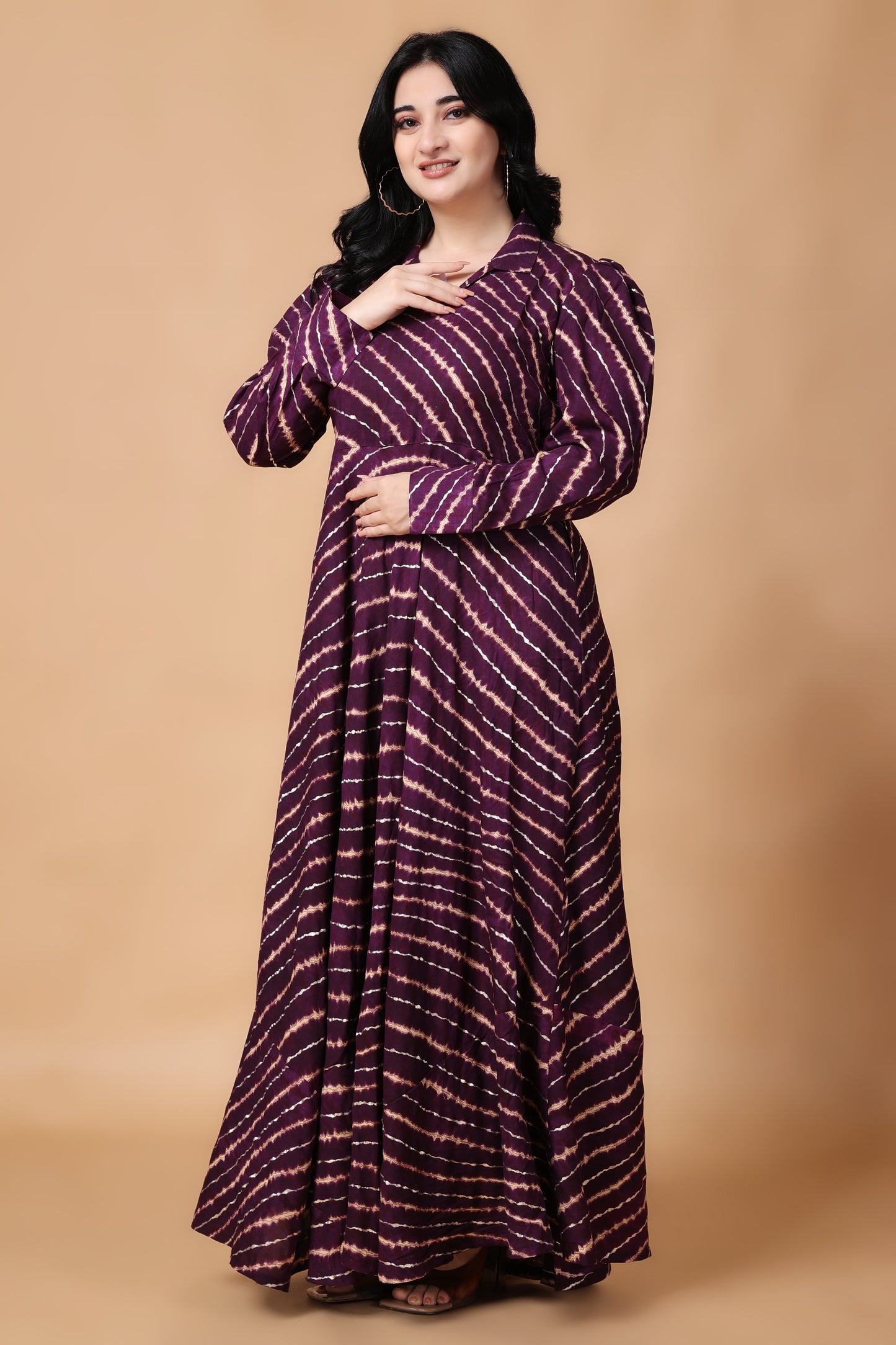 Woman Plus Size Puffed Purple Lehriya Foiled Dress