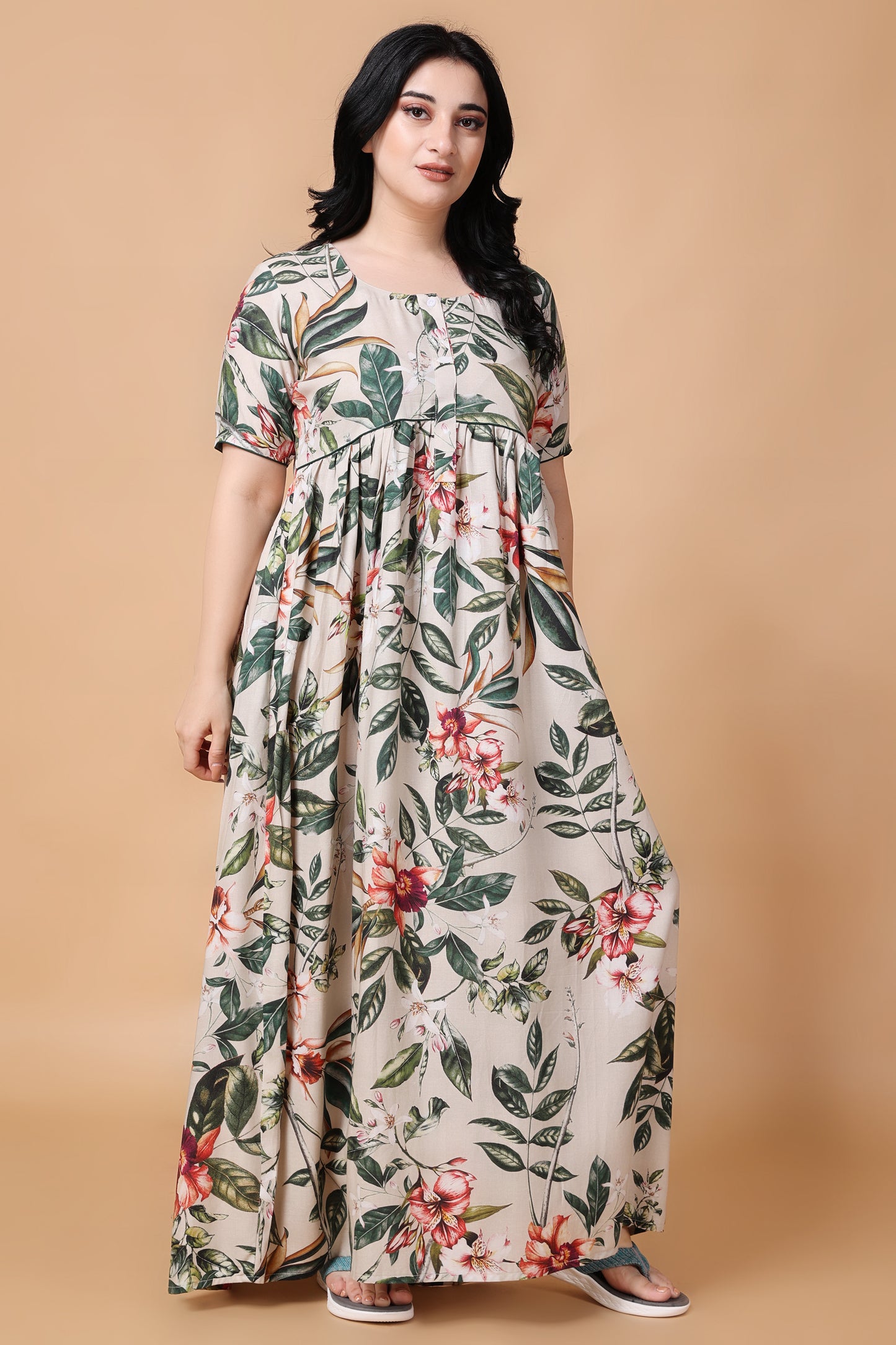 Woman Plus Size Tropical Garden Rayon Night Gown