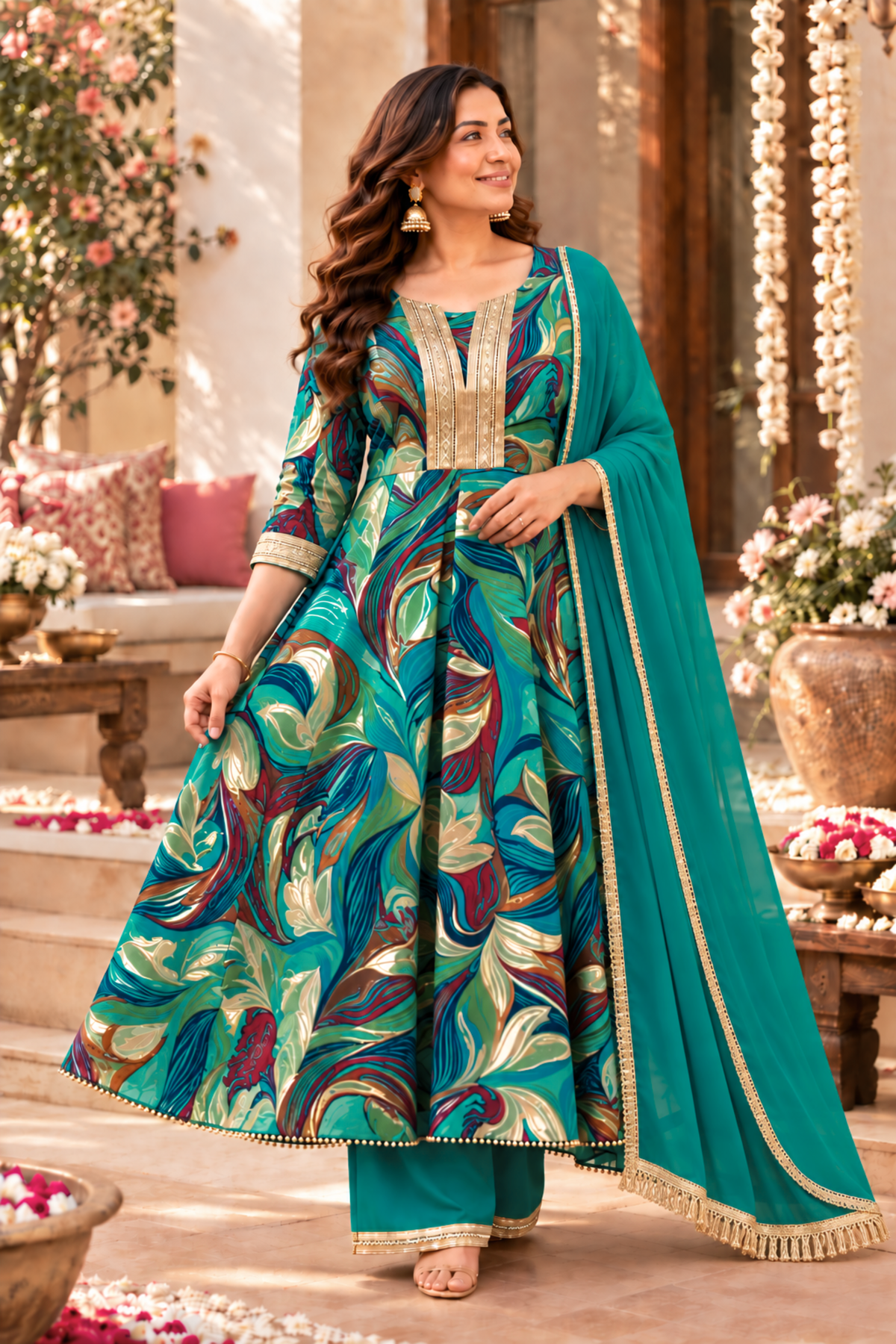 Peacock Sparkle Foiled Anarkali Set