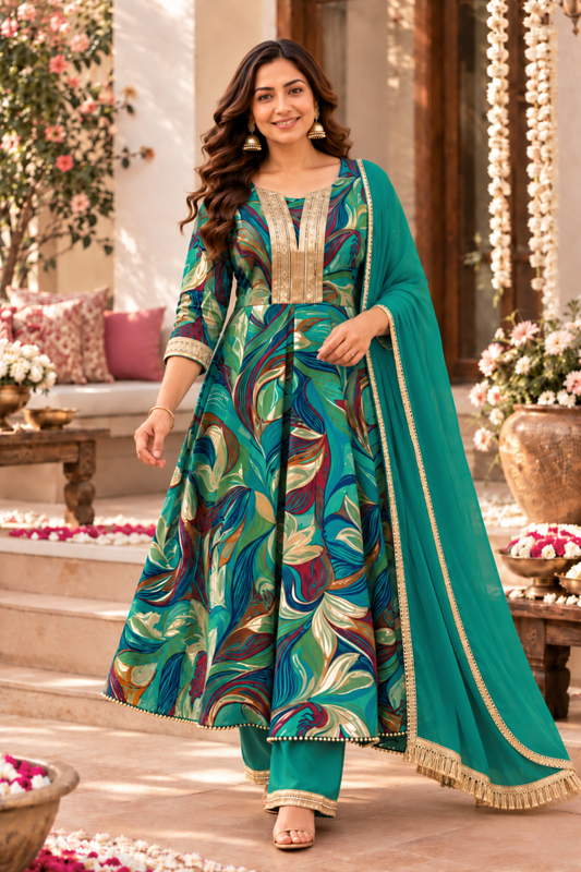 Peacock Sparkle Foiled Anarkali Set