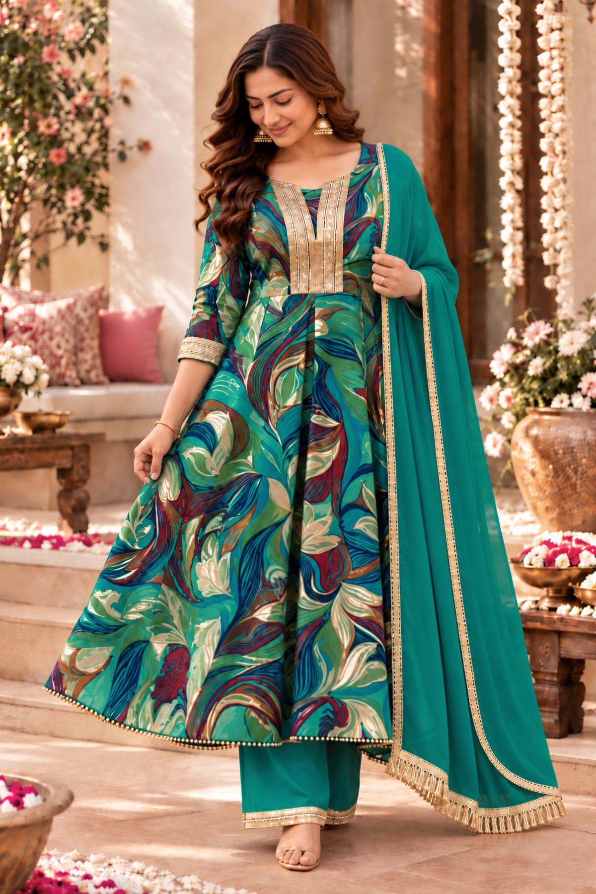 Peacock Sparkle Foiled Anarkali Set