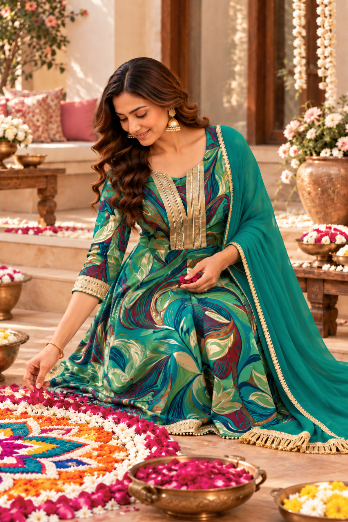Peacock Sparkle Foiled Anarkali Set