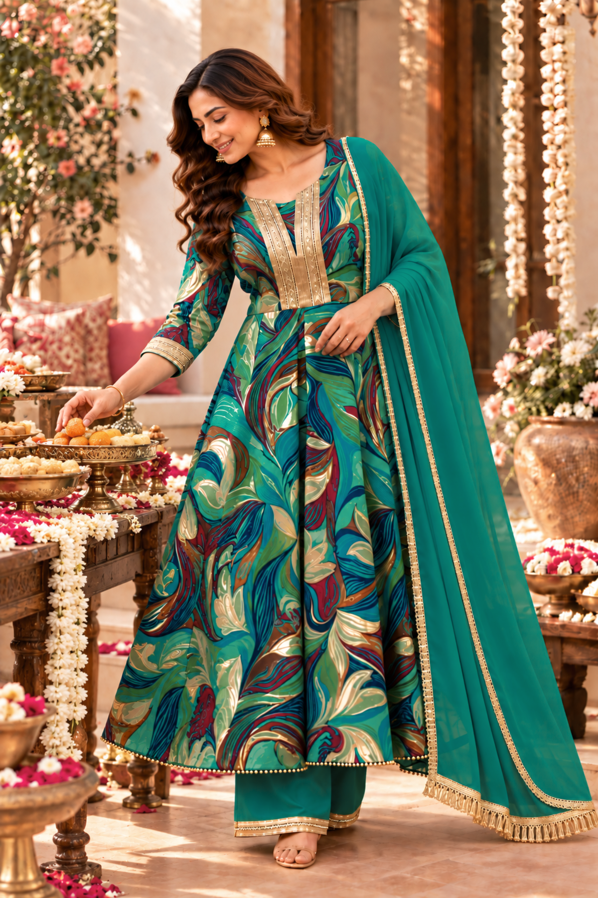 Peacock Sparkle Foiled Anarkali Set