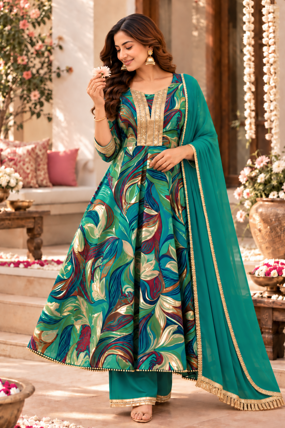 Peacock Sparkle Foiled Anarkali Set