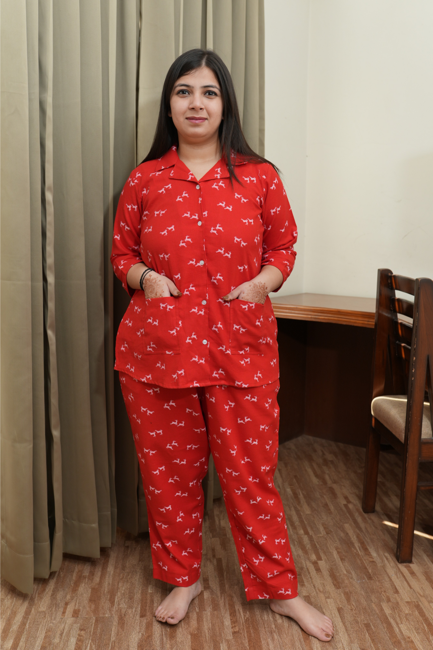 Red Reindeer Twill Night Suit