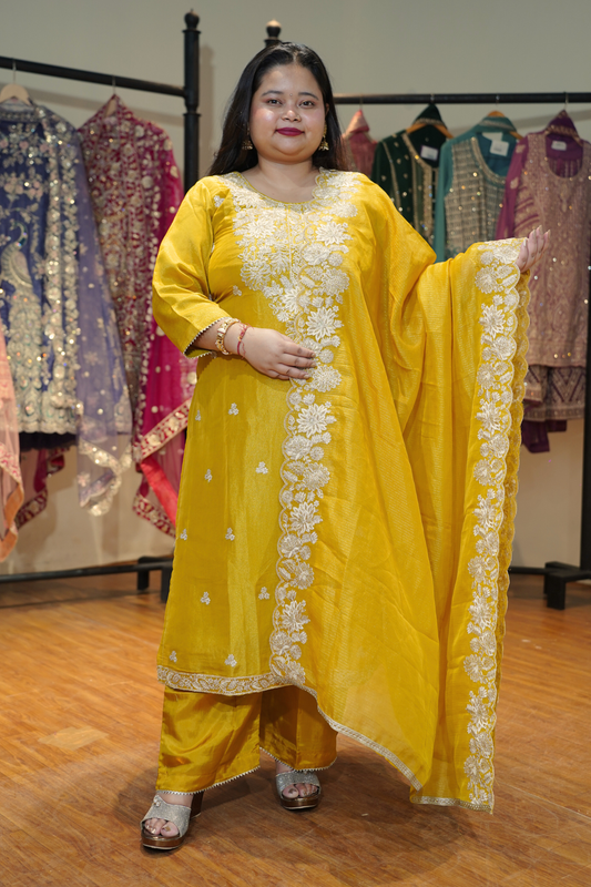 Aarvika Tissue Shimmer Suit With Zari Embroidery