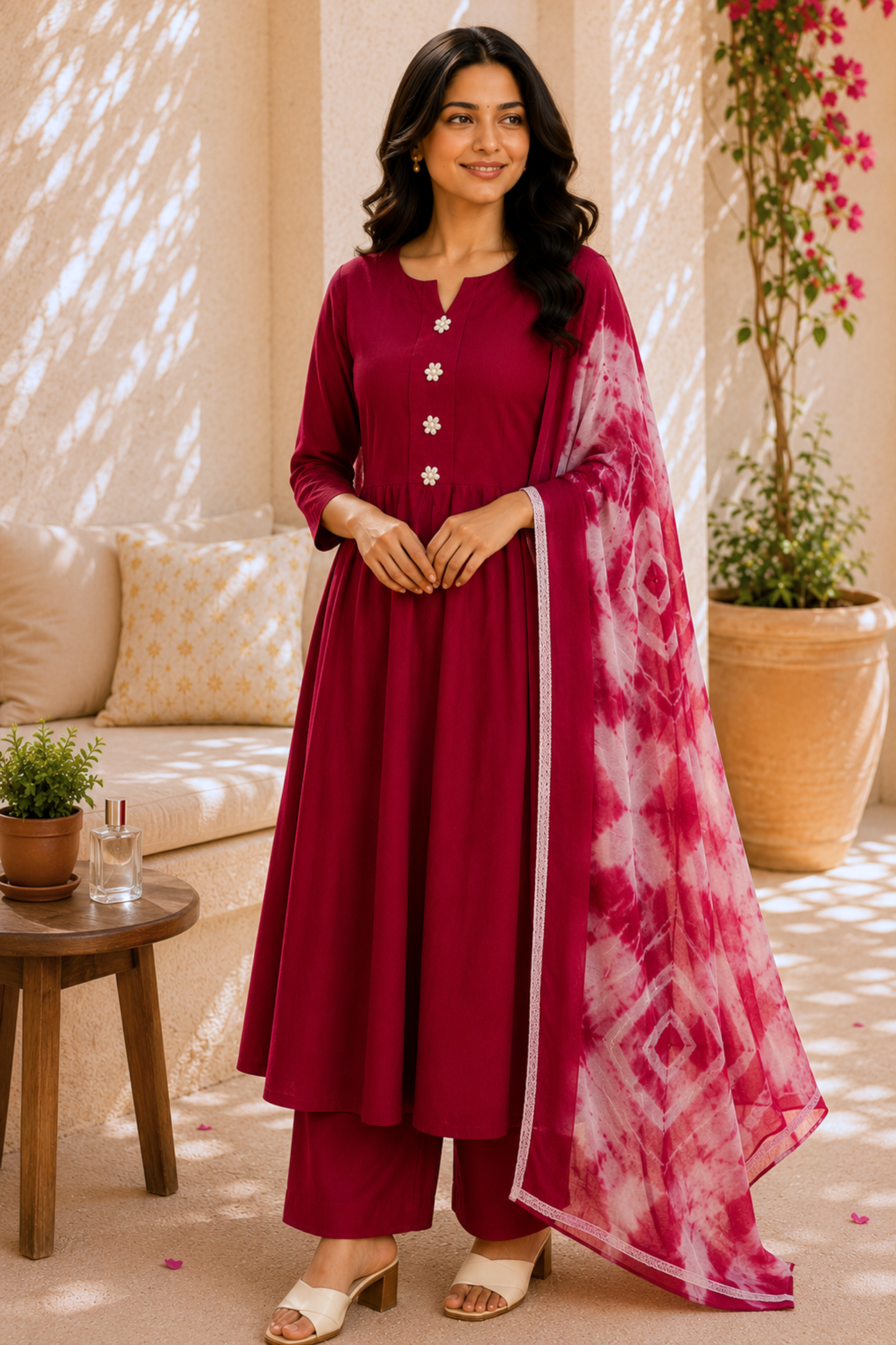 Maroon Aura Rayon Anarkali Set With Dupatta