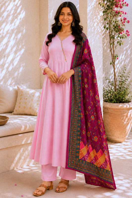 Rosewood Pink Rayon Anarkali Set