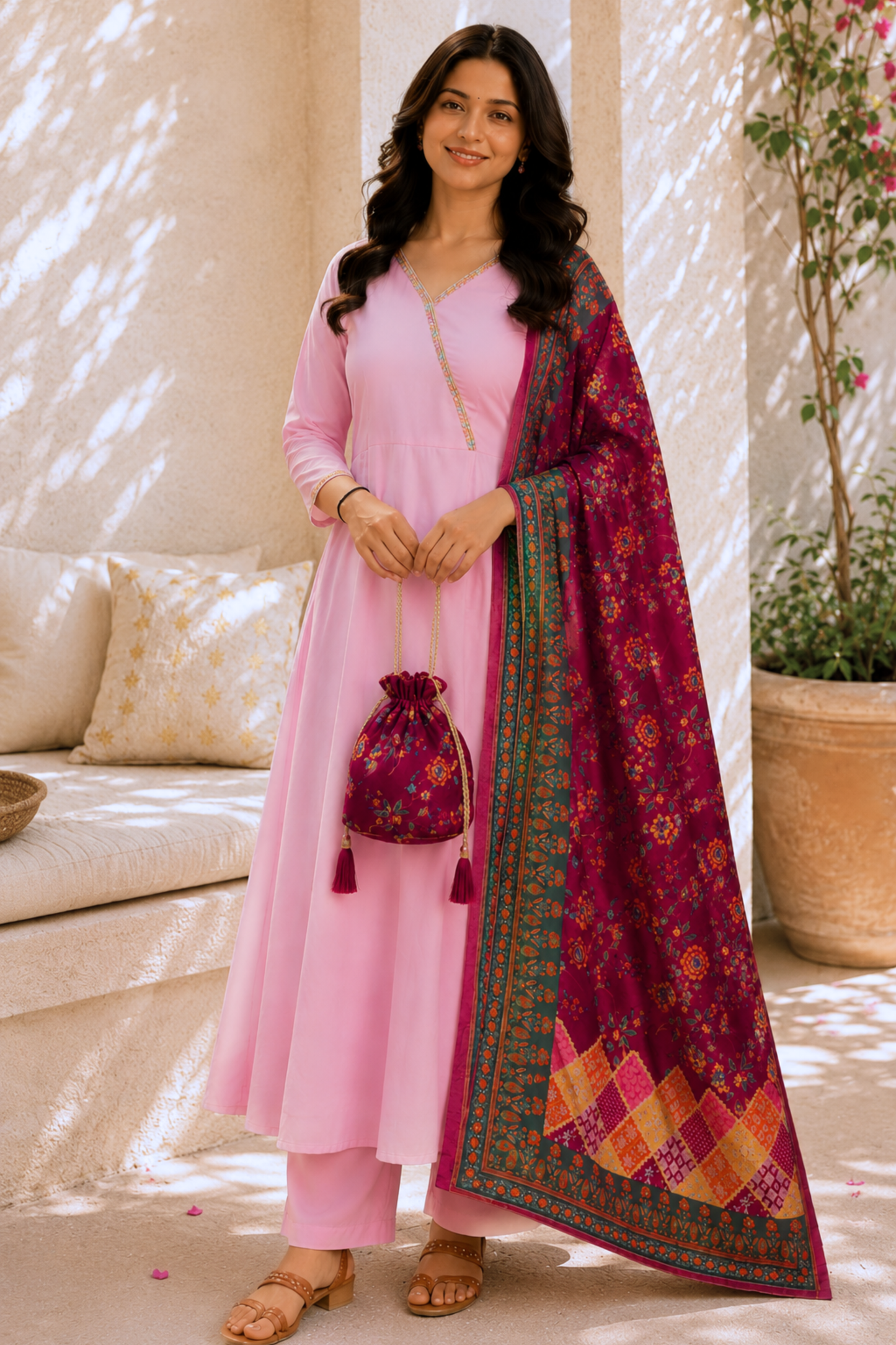 Rosewood Pink Rayon Anarkali Set