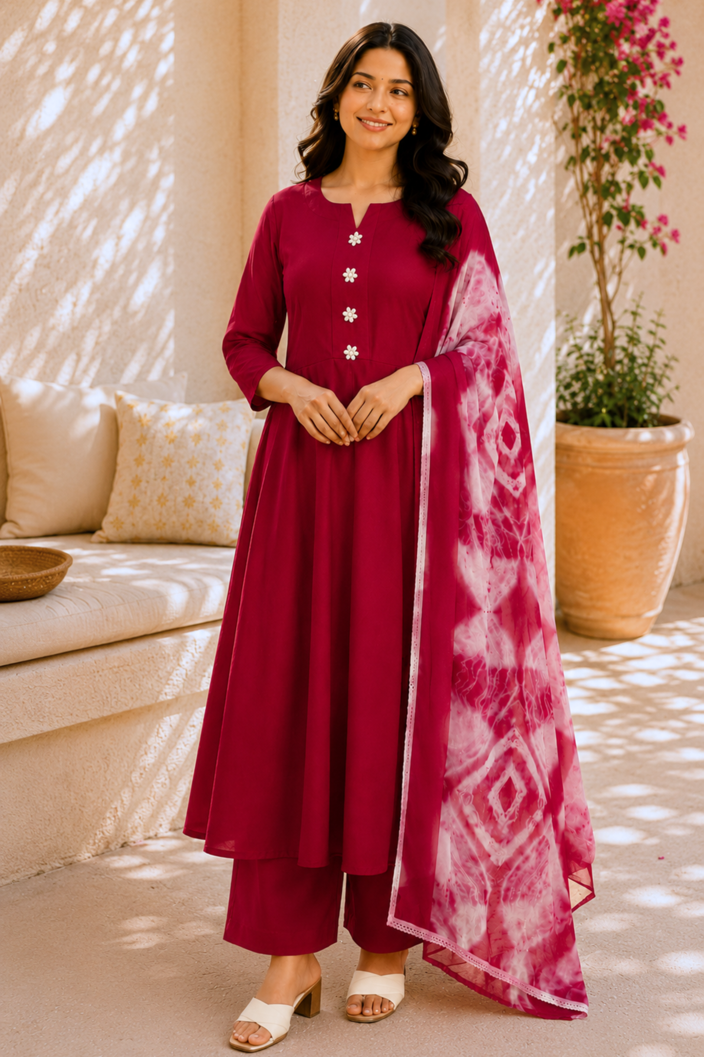 Maroon Aura Rayon Anarkali Set With Dupatta
