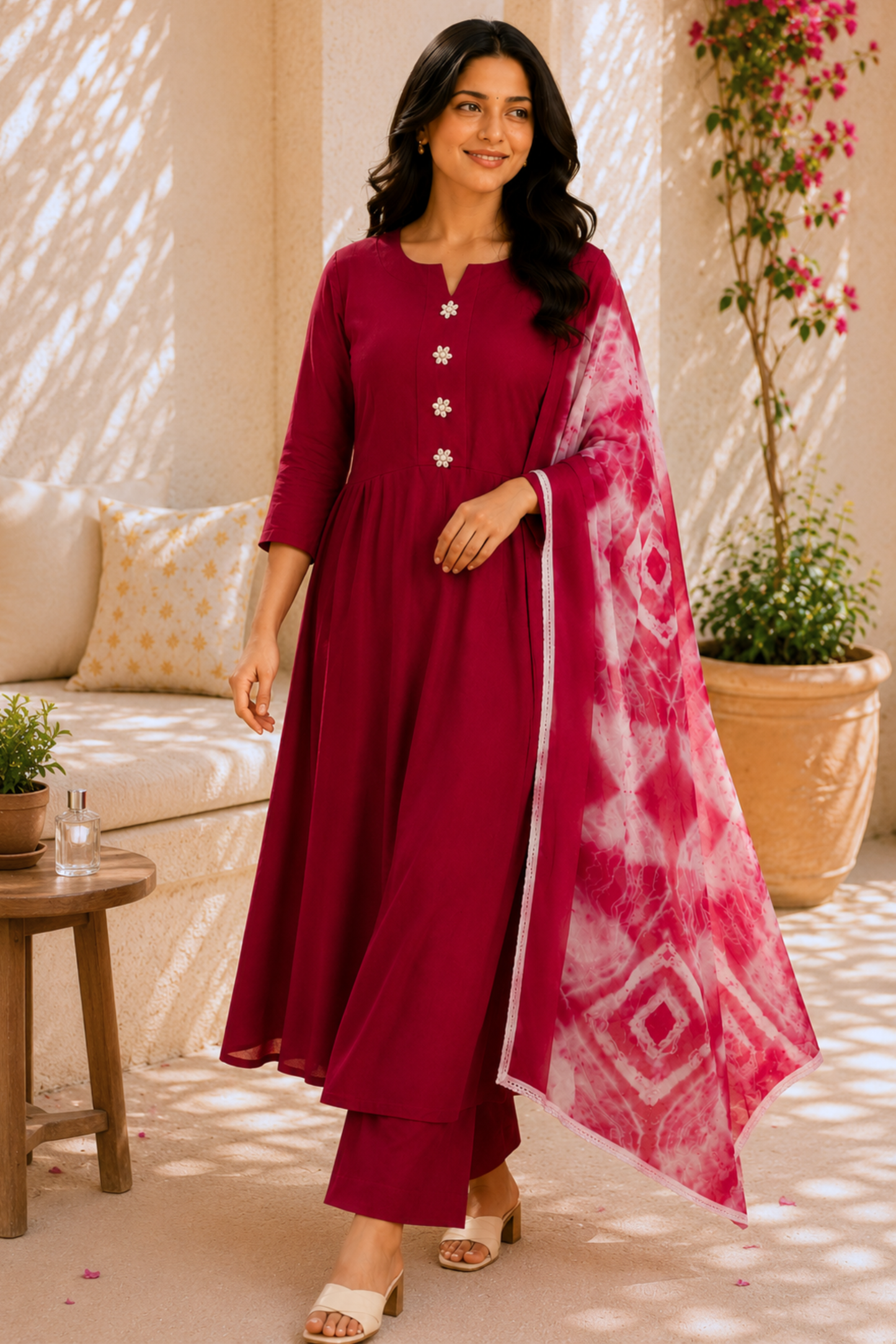Maroon Aura Rayon Anarkali Set With Dupatta