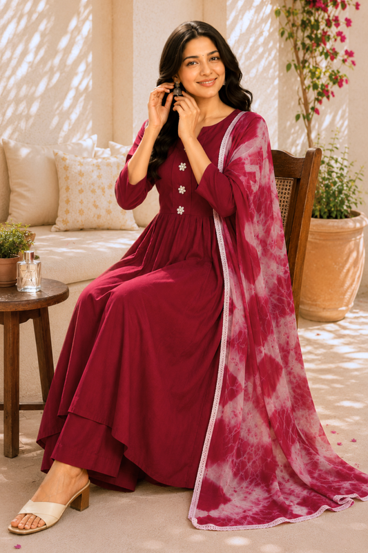 Maroon Aura Rayon Anarkali Set With Dupatta