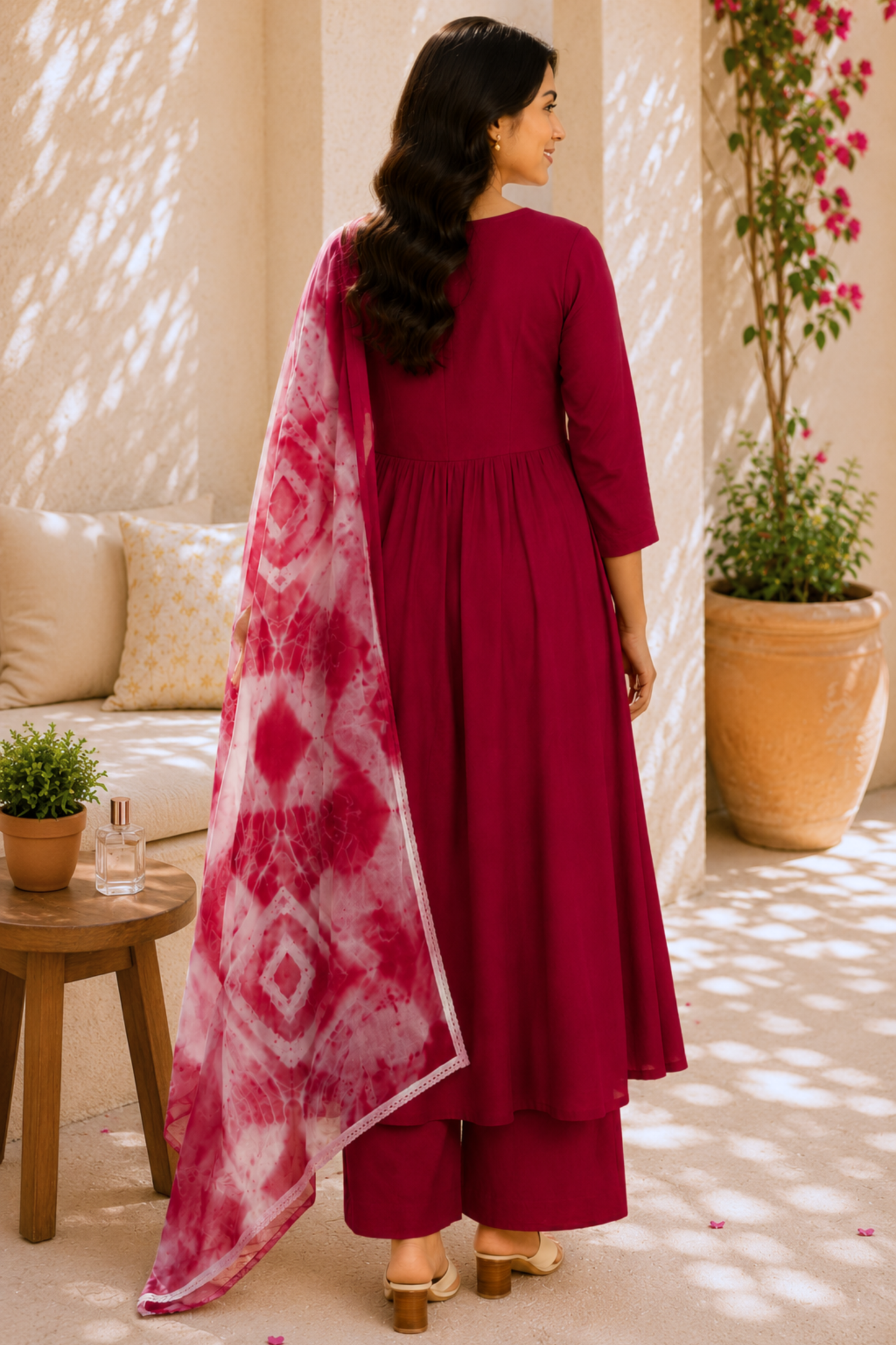 Maroon Aura Rayon Anarkali Set With Dupatta
