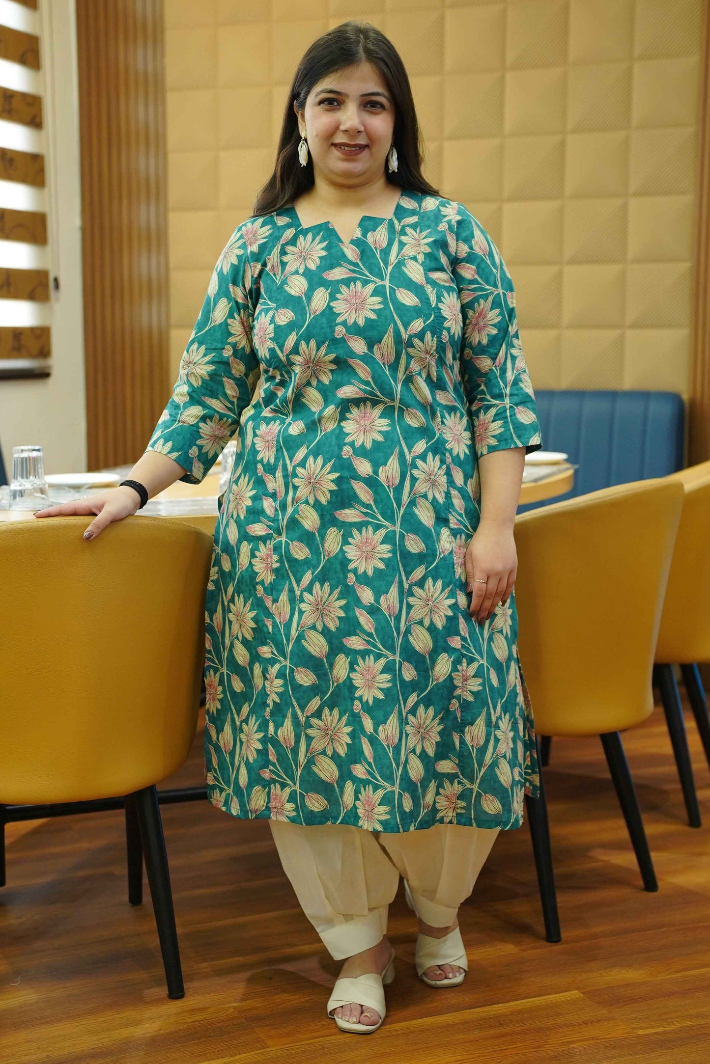 Aqua Green Block Cotton Kali Kurta