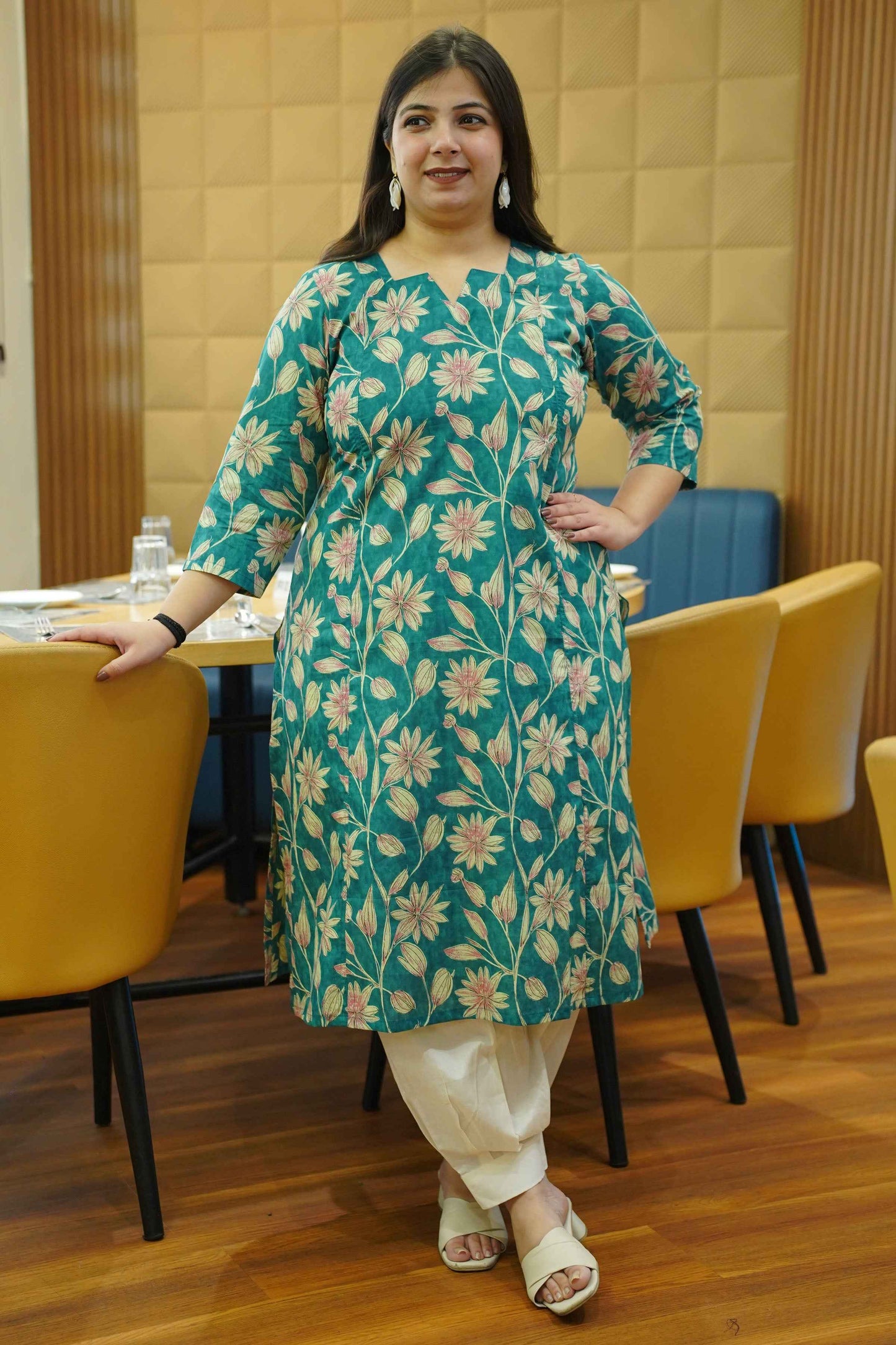 Aqua Green Block Cotton Kali Kurta