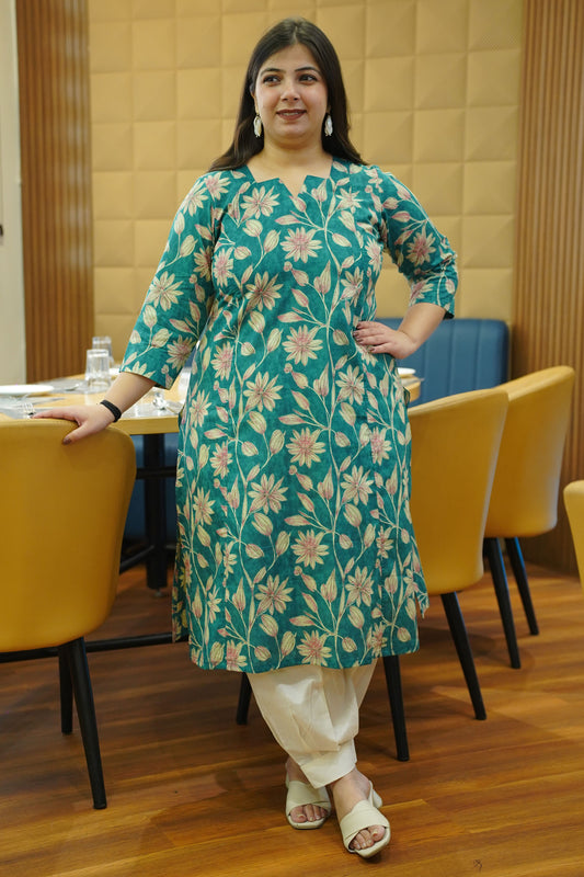 Aqua Green Block Cotton Kali Kurta