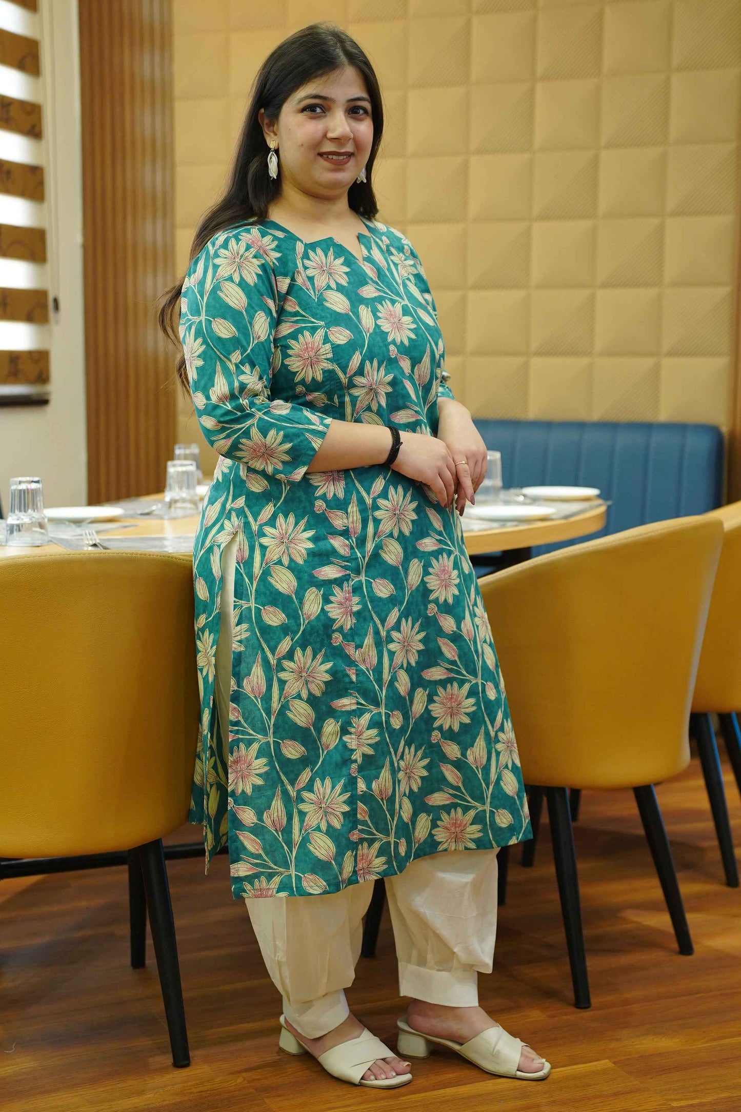 Aqua Green Block Cotton Kali Kurta