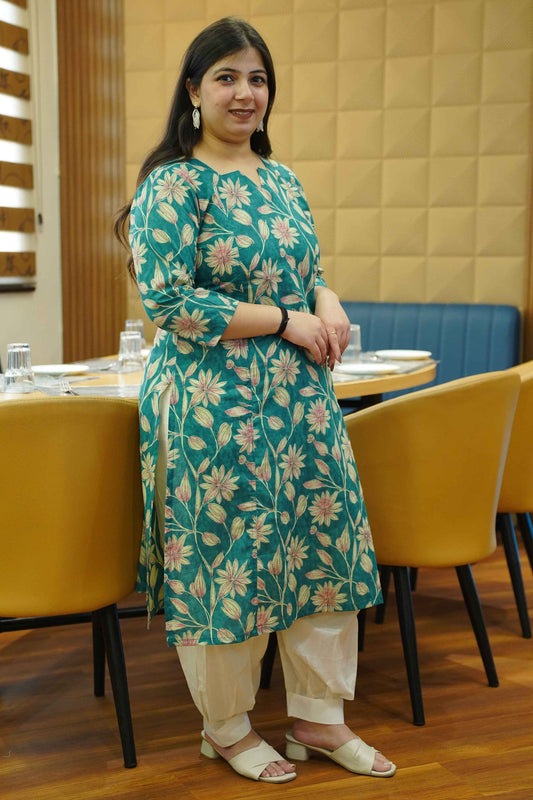 Aqua Green Block Cotton Kali Kurta