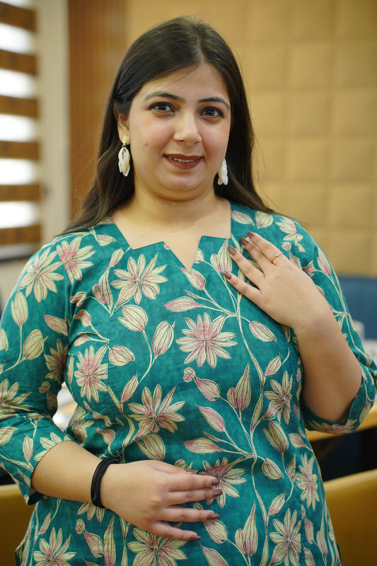 Aqua Green Block Cotton Kali Kurta