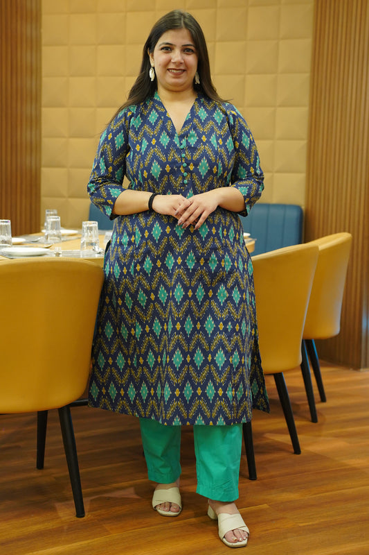 Aqua Indigo Ikat Cotton Kali Kurta
