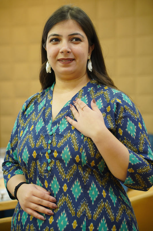 Aqua Indigo Ikat Cotton Kali Kurta