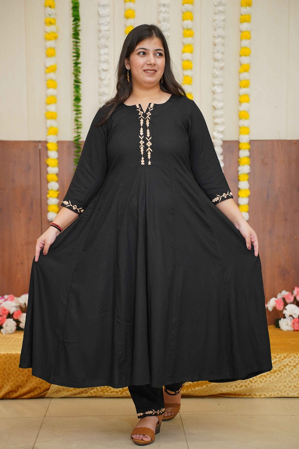 Beige Accent Black Anarkali Set