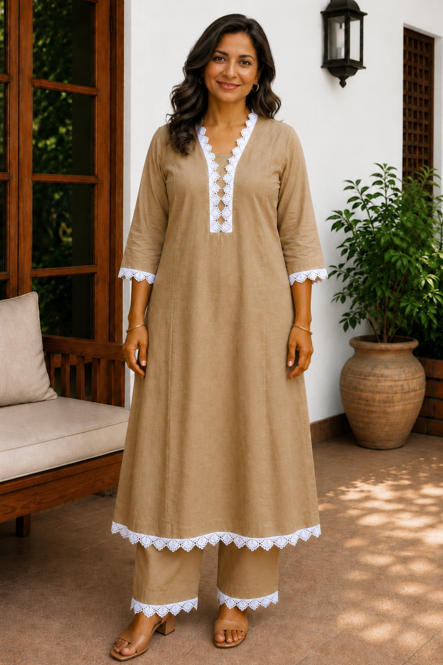 Toasted Almond Cotton Kurta With Pants
