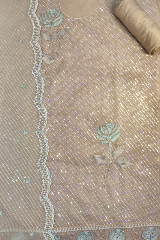 Beige Shimmer Tissue Suit with Handwork