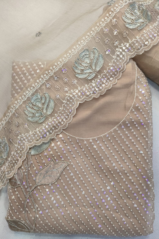 Beige Shimmer Tissue Suit with Handwork