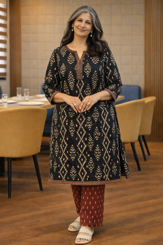 Midnight Ikat Kali Kurta With Cotton Pants