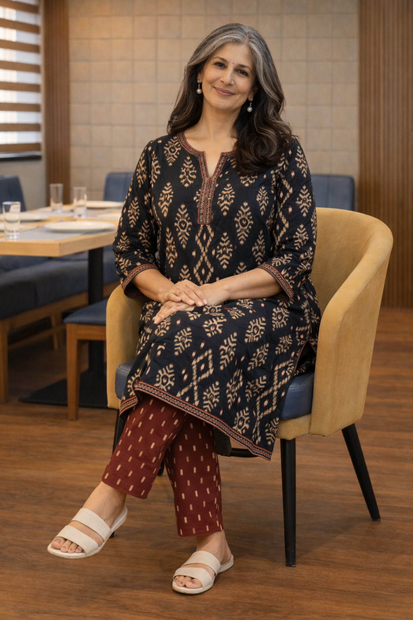 Midnight Ikat Kali Kurta With Cotton Pants