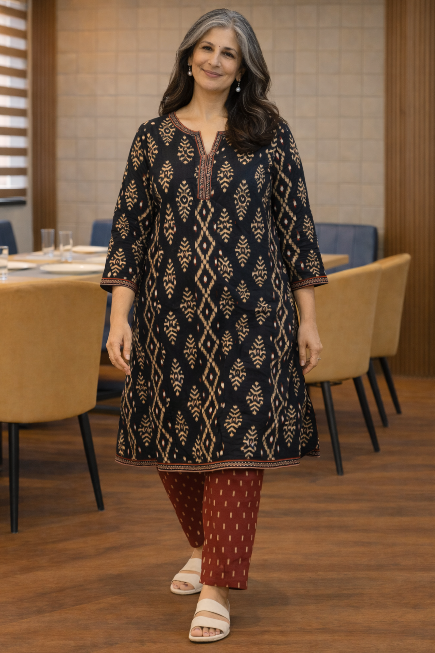 Midnight Ikat Kali Kurta With Cotton Pants