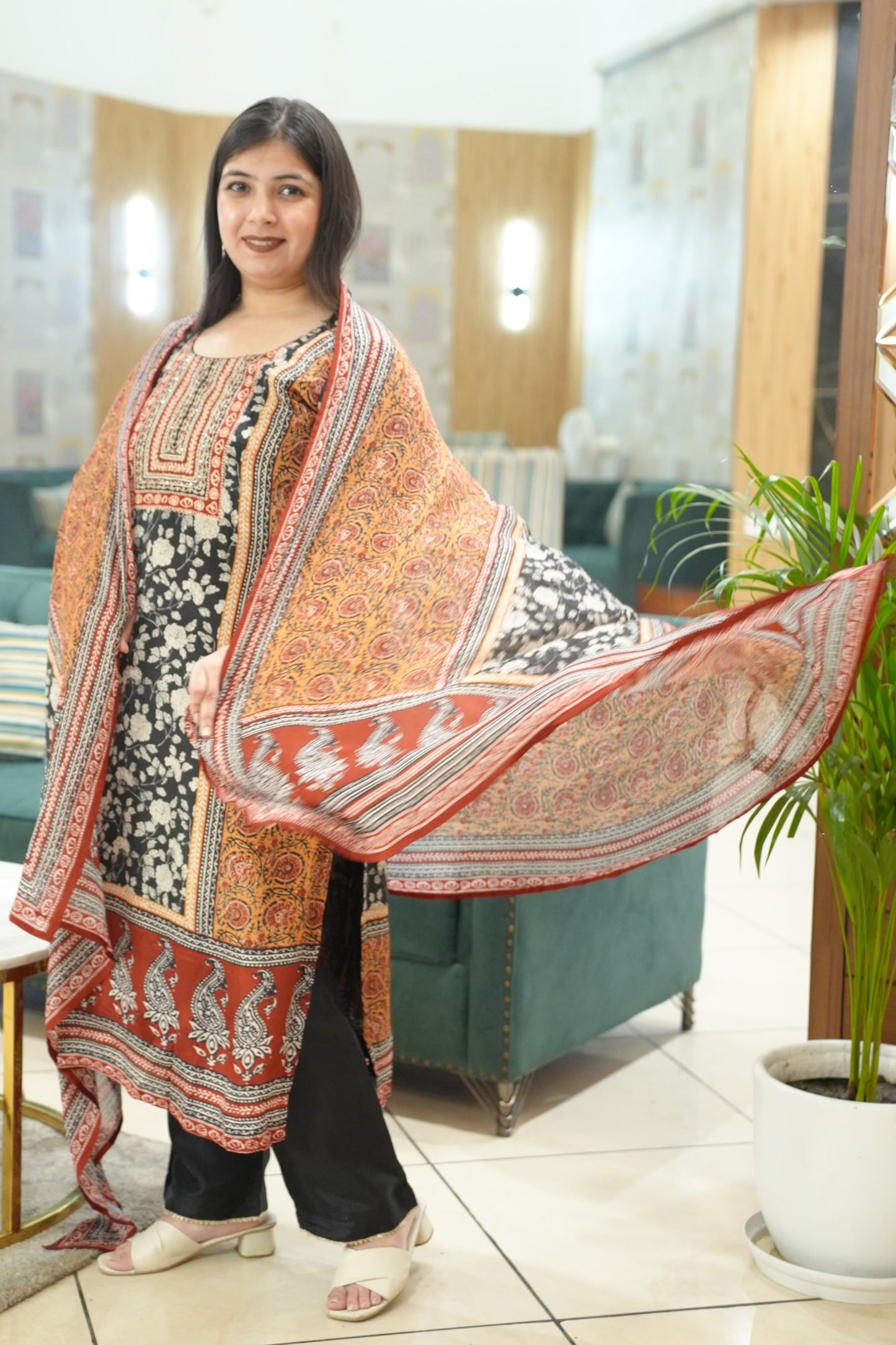 Rivaya Black Crepe Suit With Mirror Work